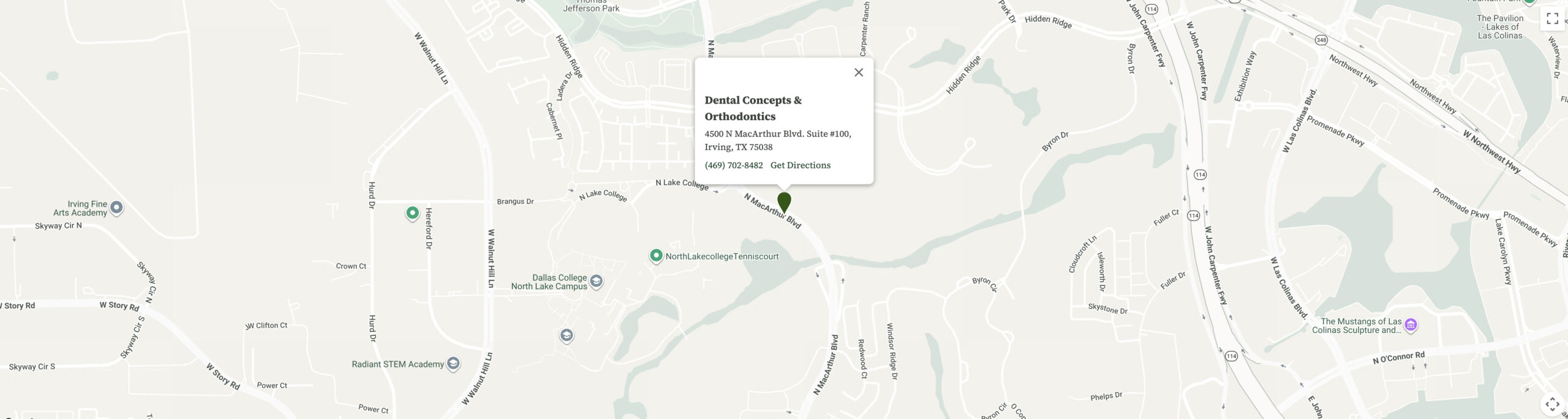 Map showing Dental Concepts & Orthodontics at 4500 N MacArthur Blvd. Suite #100, Irving, TX 75038